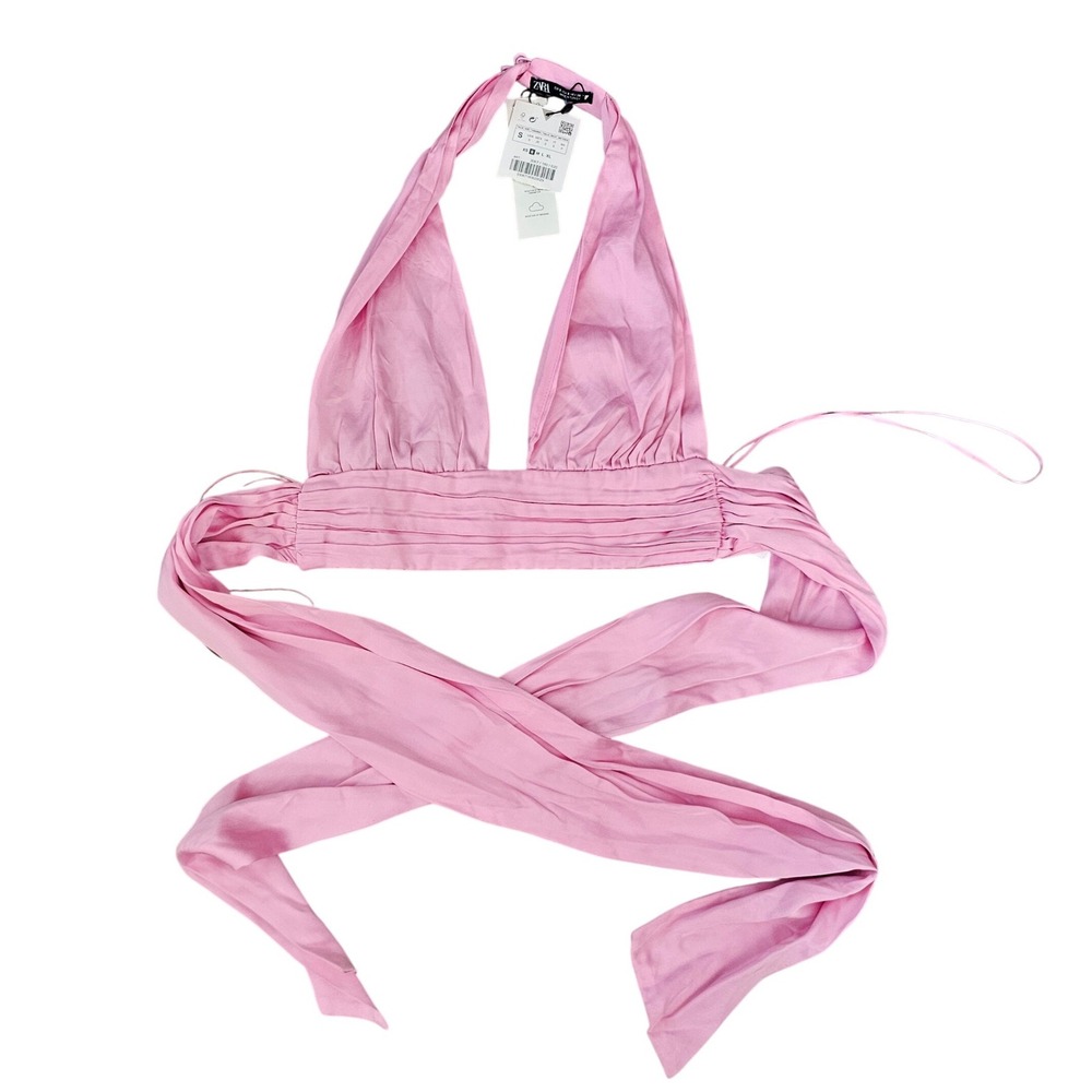 Zara Pink Satin Halter Neck Wrap Crop Top Deep‎ V-Neck NWT Size S 3067/180/620